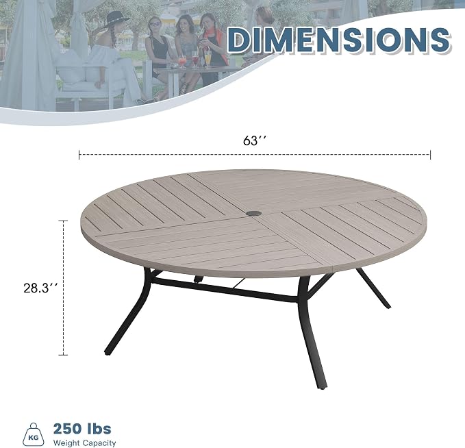 DIFY 63" Round Outdoor Patio Dining Table for 8-10, All-Weather Metal Steel Slatted Patio Table with 1.57" Adjustable Umbrella Hole for Garden, Backyard, Deck, Grey Wood-Like