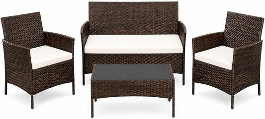 4 Piece Outdoor Patio Furniture Set, All-Weather Gray Wicker Rattan Conversation Set with Cushions, Loveseat, Chairs & Coffee Table for Porch, Backyard & Balcony