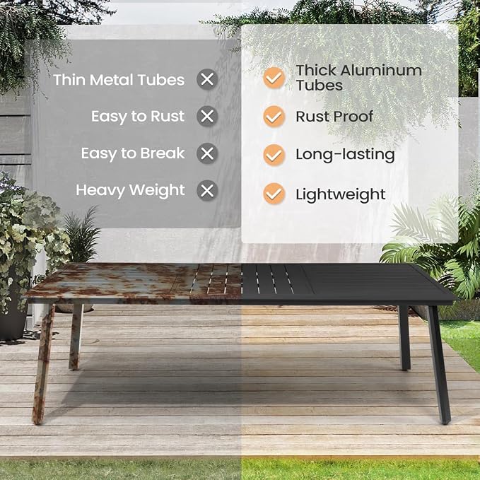 Pellebant 9-piece Outdoor Dining Set for 6-8 Person - Weather-Resistant Patio Dining Furniture Set, 94" Aluminum Outdoor Table with Umbrella Hole, Wicker Chair with Cushion for Deck, Porch, Backyard