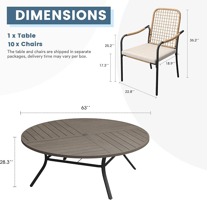 DIFY 11 Pieces Outdoor Dining Set, Metal Patio Table and Chairs Set for 10, 63" Round Dining Table with Umbrella Hole & Wicker Stackable Patio Chairs with Cushions, Grey Wood-Like Tabletop