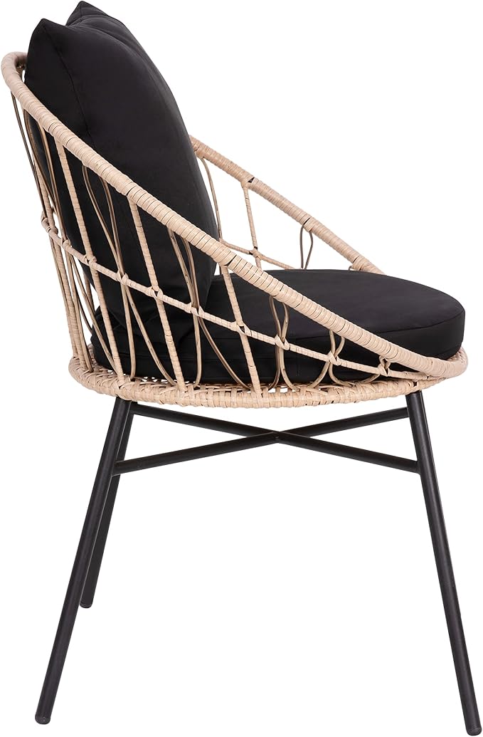 EMMA + OLIVER Ari 3 Piece Boho Patio Set - Tan Finish Faux Rattan Rope Chairs - Black Removable Cushions - Tempered Glass Top Side Table - Indoor/Outdoor