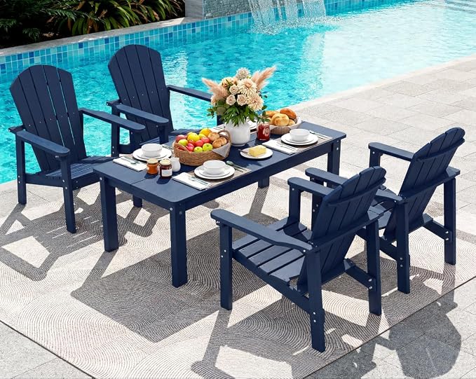 nevilywood 5-Piece HDPE Adirondack Chair Set, 4 Stackable Chairs Coffee Table, All-Weather Wood Grain, Patio Garden Backyard,Navy Blue