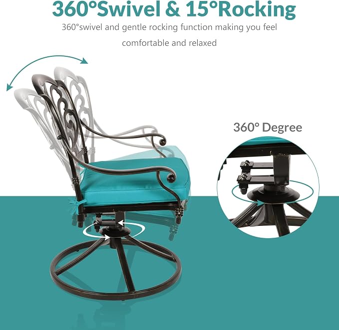 MEETWARM 3-Piece Outdoor Patio Dining Set, All-Weather Cast Aluminum Patio Conversation Set for Backyard Garden Deck with 2 Cushions Swivel Rocker Chairs and 31" Round Table, Umbrella Hole, Ocean Blue