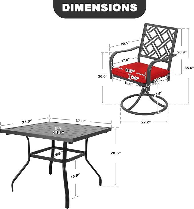 NUU GARDEN 5 Piece Outdoor Patio Dining Set, 37 Inch Square Table with 1.6" Umbrella Hole and 4 Swivel Chairs with Removable Cushions, for Backyard Deck Garden, Black and Red