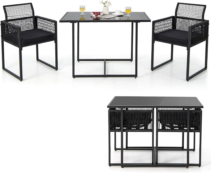 Tangkula 3 Pieces Outdoor Dining Set, PE Rattan Patio Furniture Set with Folding Backrest, Cozy Seat Cushions, Tempered Glass Tabletop, Space-Saving Bistro Table and Chairs Set of 2 for Backyard Pool