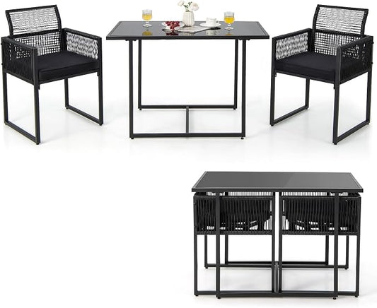 Tangkula 3 Pieces Outdoor Dining Set, PE Rattan Patio Furniture Set with Folding Backrest, Cozy Seat Cushions, Tempered Glass Tabletop, Space-Saving Bistro Table and Chairs Set of 2 for Backyard Pool