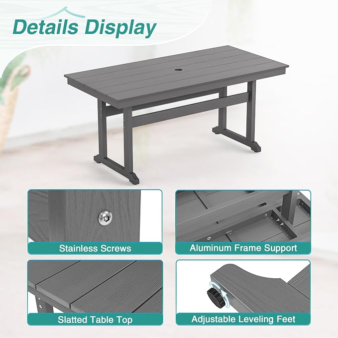 Rectangle Outdoor Dining Tables for 6, HDPS Weather Resistant Patio Dining Table, 66" Outdoor Tables with 1.96" Umbrella Hole for Porch, Balcony, Backyard, Grey