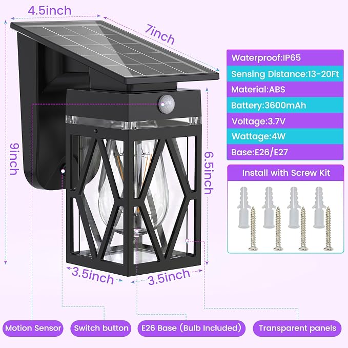1 Pack Solar Porch Lights Outdoor with Dusk-to-Dawn Motion Sensor | 200LM RGB Lighting, E26 Bulb, 10 Color Modes (RGB Cycle / Fixed), IP65 Waterproof for Front Porch, Garage, Patio, Decorative