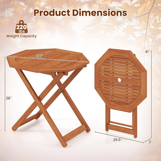 Byroce Outdoor Patio Table, Octagon Folding Bistro Table with Slatted Tabletop & 2” Umbrella Hole, Solid Wood Outdoor Dining Table, Portable for Backyard, Poolside & Balcony (2)