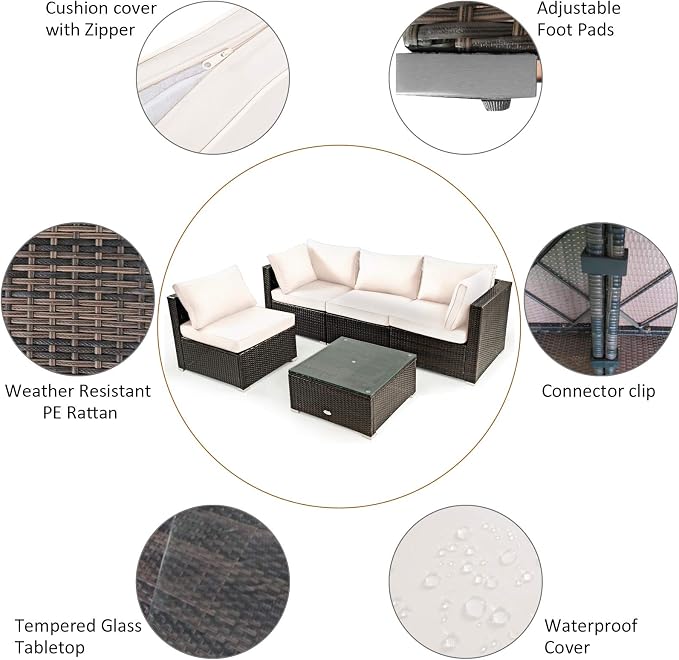 Tangkula 6 Piece Outdoor Rattan Sofa Set with 30in Propane Gas Fire Table, Ceramic Fire Tabletop, 50,000 BTU Heat Output, Cushions & Fire Pit Dust Cover, Patiojoy Weatherproof Wicker Set (Off White)
