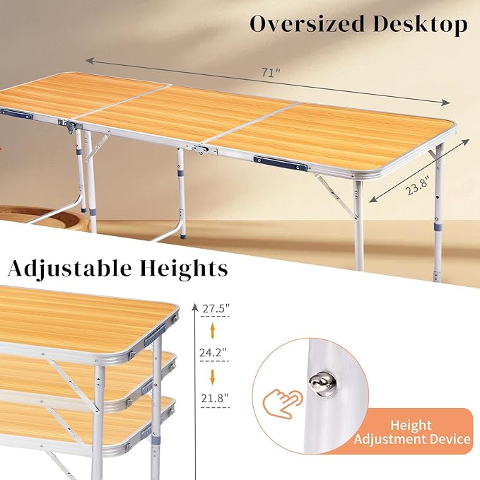 6 Ft Folding Portable Camping Table, Tri-fold Outdoor Picnic Table, Outdoor Camping Kitchen, BBQ, Picnic, Cooking, Beach, Garden, Party (Wood Color)