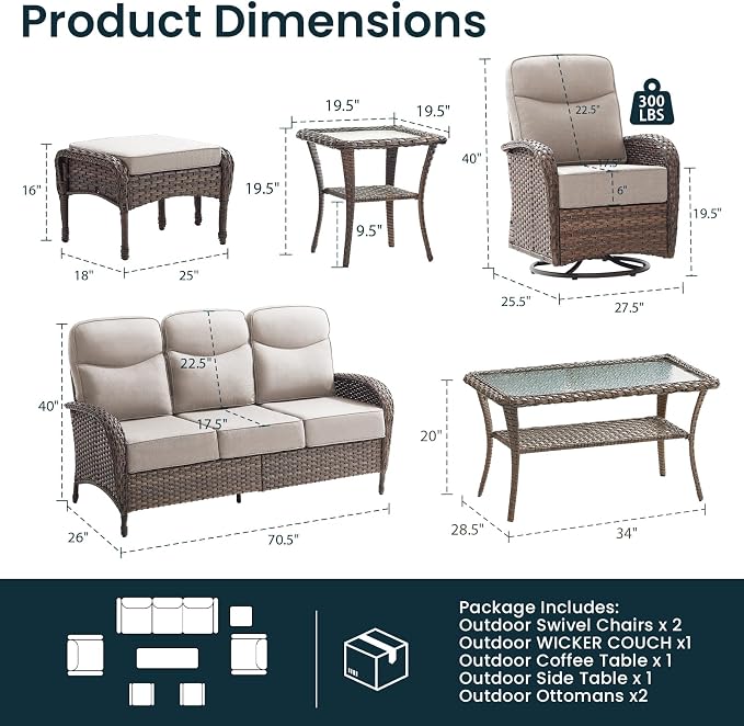 High Back Luxury Patio Furniture Set with 6-inch Thick Cushion, Swivel Rocker Patio Chairs with Outdoor Couch, 7 Piece Wicker Conversation Set for Deck Yard Garden Balcony Beige
