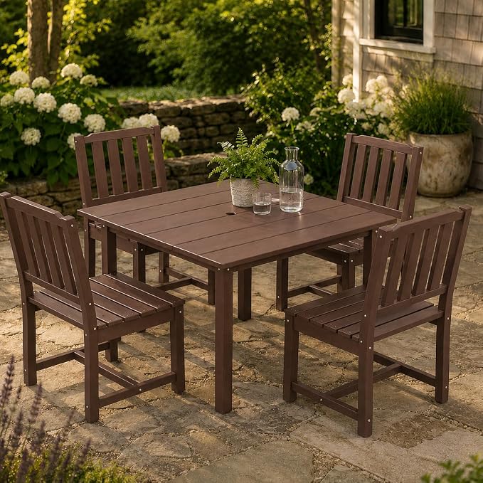 HDPE Outdoor Dining Set for 4, Square Table & Chairs Set | • All-Weather Polywood Composite • 410 lbs Heavy-Duty Support • Built-In 2" Umbrella Hole • Easy Soap-Water Wash