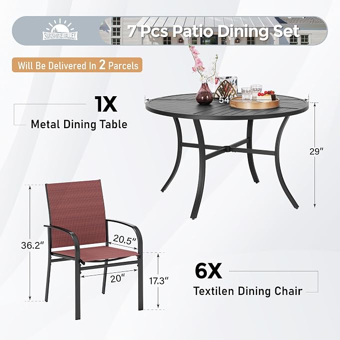 SUNSHINE VALLEY 7 Piece Outdoor Dining Set for 6, 54" Round Metal Table with Umbrella Hole, 6 Red Dining Chairs, Patio Table and Chairs Set for Backyard Lawn