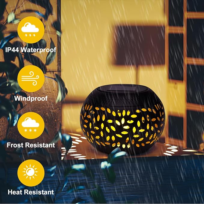 Solar Table Light Outdoor Waterproof Decorative 2pack Solar Table Lantern | Hollowed-Out Black Metal Desktop Decorative Lamp for Women Mother's Day, Outside Garden Yard Patio & Indoor Tabletop Decor