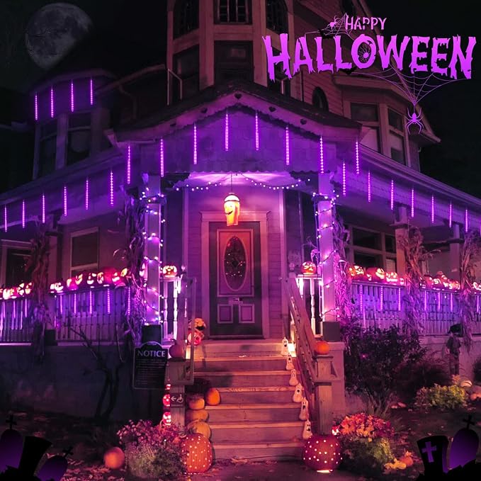 JMEXSUSS 2 Pack Purple Solar Halloween Lights, 16 Tube 288 LED | Solar Meteor Shower Rain Lights, Christmas Light Outdoor Waterproof for Tree Halloween Christmas Decorations