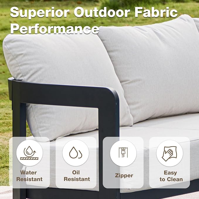 Outdoor Patio Sofa, 3-Seat All-Weather Metal Modern Couch with Washable Thick Cushion for Garden/Backyard/Porch, White