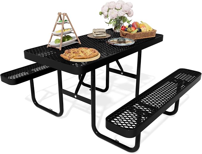 Picnic Tables for Outdoors,Commercial Metal Picnic Table Bench Set with Umbrella Hole,School Canteen Tables W/Seats - Heavy Duty Sturdy Picnic Tables Furniture for Patio Garden (Black, 4FT)