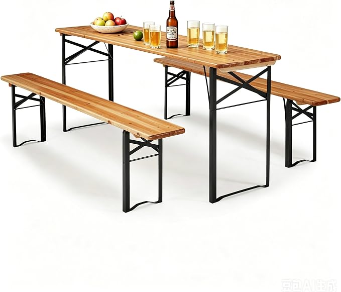 AVAWING 5.8FT 3-Piece Portable Picnic Table Bench Set, 6-8 Person Folding Wooden Dining Table Set，70" Patio Beer Table for Outdoor Activities Garden BBQs Parties Camping