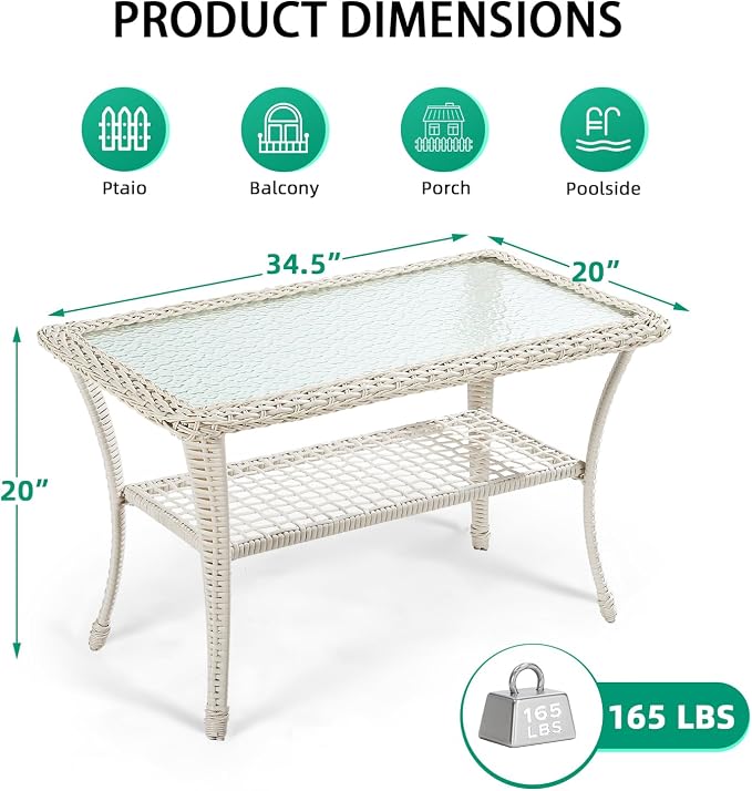 VIVIJASON Outdoor Wicker Coffee Table, All-Weather Rattan Patio Coffee Table with 2-Tier Storage, Tempered Glass Top Rectangle Center Table for Deck, Garden, Balcony, Porch, Cream White