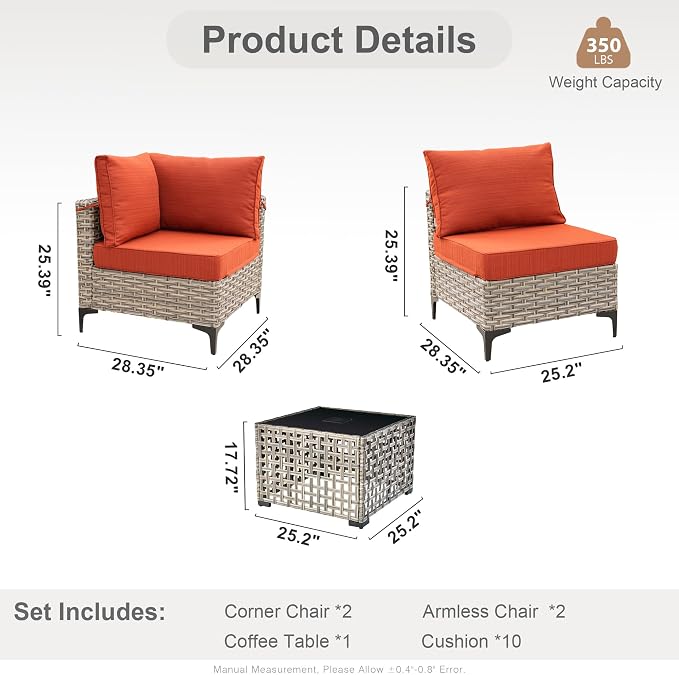 Outdoor Sectional Patio Furniture Set with Glowing Table,5 Pieces Wicker Conversation Sets L Shaped Couch Out Door Sofa Set Outside Furniture for Garden Deck Yard Porch,Orange Red