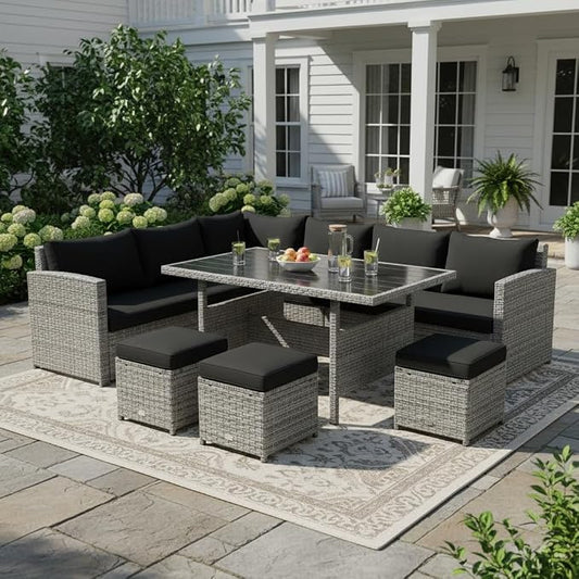 Tangkula 7 Pieces Patio Furniture Set, Outdoor Sectional Rattan Sofa Set with Cushions, All Weather Wicker Conversation Couch Set w/Dining Table & Ottomans for Backyard Garden Poolside, Black