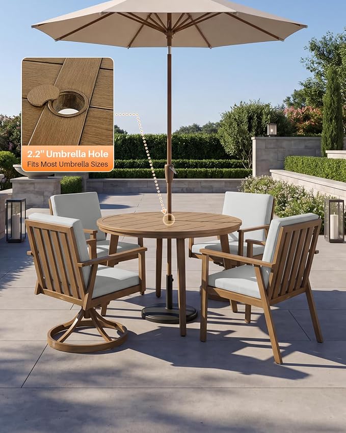 41" Round Outdoor Dining Table, Never-Rust Aluminum Patio Dining Table with Umbrella Hole, Round Patio Table for 4, Outdoor Round Dining Table for Backyard, Deck, Gardens, Teak