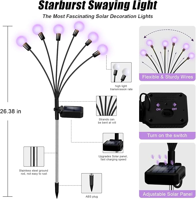 NBQQ Solar Lights Outdoor 4 Pack of 24 LEDs Swaying Firefly Garden Decor | Purple Waterproof Solar Garden Lights for Yard Pathway Patio, Swaying Lawn Decor as Gardening Gifts for Women,Christmas Decor
