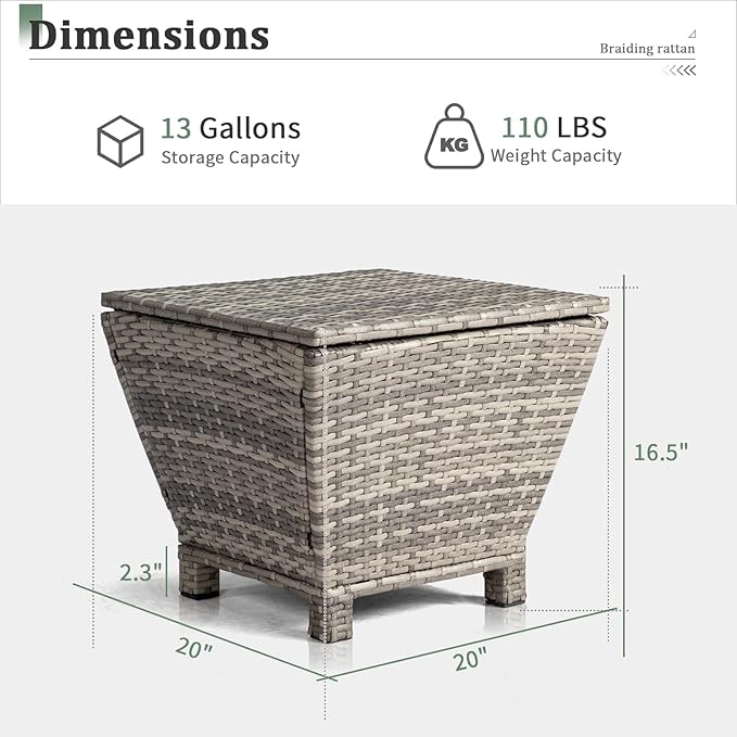 VINGLI Outdoor Side Table with Storage, 13-Gallon Patio Deck Box Outdoor Wicker Side Table for Poolside Balcony Storage Table (Grey, Trapezoid)