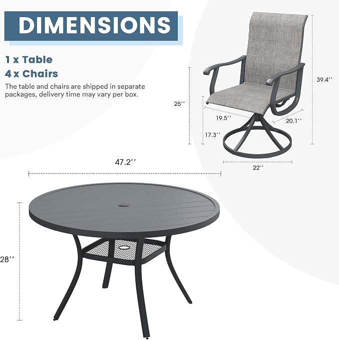 DIFY Outdoor Dining Set for 4, 5 Piece Patio Table and Chairs Set, Swivel Patio Dining Chairs with Textilene Fabric & 47.2" Round Metal Dining Table with Umbrella Hole, for Garden Backyard Deck, Grey