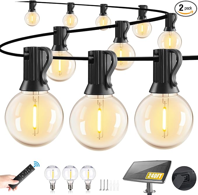 Yusist 240FT Solar String Lights Outdoor Waterproof with Remote, G40 Solar Powered String Lights with 80+3 LED Shatterproof Bulbs, Dimmable Solar Patio Hanging Lights for Outside Backyard Party