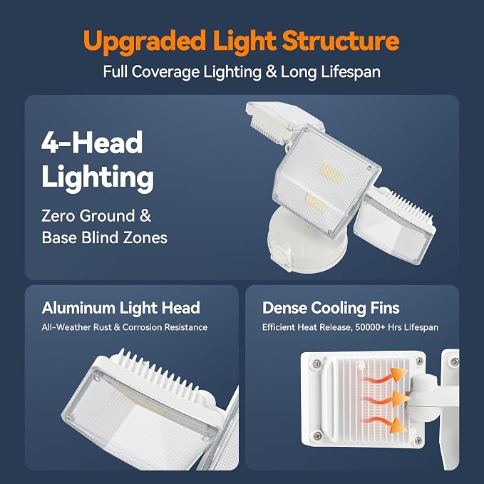 85W 10000LM Switch Controlled Outdoor Flood Lights, 4-Head Super Bright LED Security Light, 5000K Daylight, IP65 Waterproof Hardwired Exterior Light for Outside Garage Yard (White)