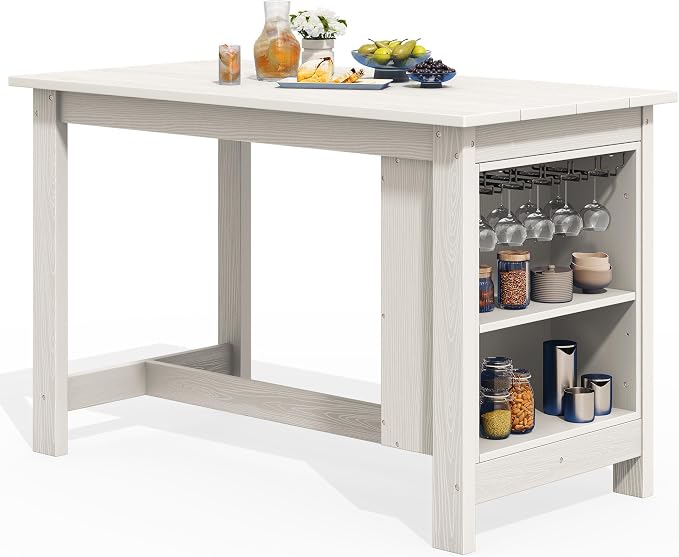 SERWALL Outdoor Bar Table, All Weather HDPE 36" Counter Height Dining Table with Storage and Wine Rack for Patio, Garden, Backyard, Balcony, Poolside, White