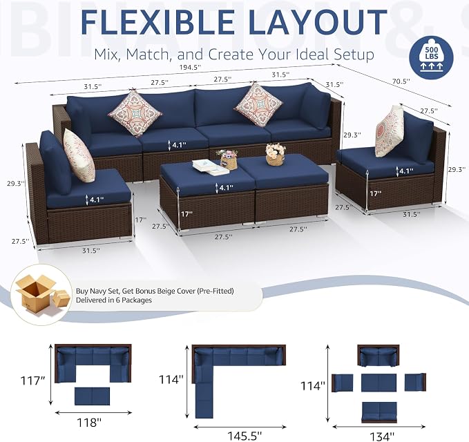 NICESOUL 8 Person Modern Deck Furniture Set, 29.3'' High Back Comfy Outdoor Sectional Sofa Set, Extra Large Wicker Patio Conversation Seating Sets for Terrace, Brown Rattan and Navy Blue Cushion