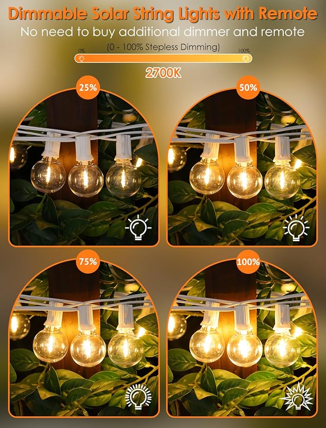 25FT Solar String Lights with Remote, 3 Modes, 11 G40 Bulbs, White | Solar Powered, Dusk to Dawn, Dimmable, Timer, Memory Function, LED Globe Hanging Lights for Garden Party Fence Decor