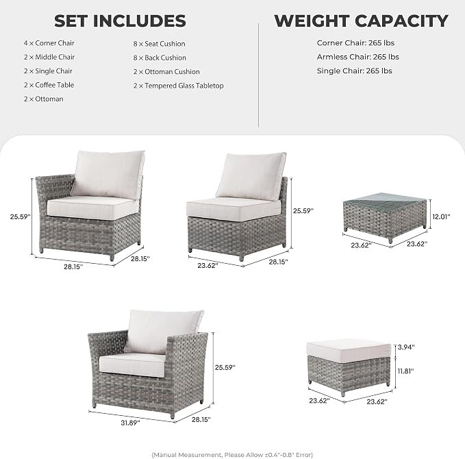 CAODOC 12 Pieces Outdoor Furniture Patio Sectional Sofa Couch Gray PE Wicker Conversation Sets with Ottomans Glass Coffee Table for Garden Poolside Backyard