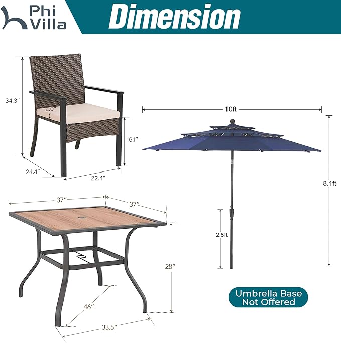 PHI VILLA 5pc Patio Dining Set with Umbrella, Square Table, Rattan Chairs | 37" Wood-like square dining table, cushioned wicker chairs, 10ft blue umbrella. Perfect for patio, deck, yard, porch.