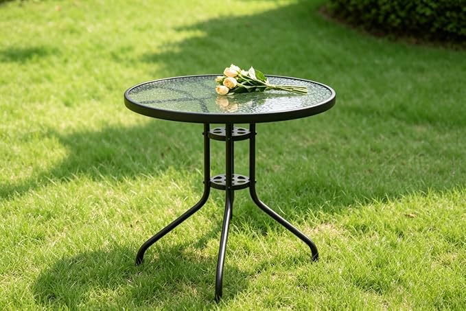 31.5" Indoor/Outdoor Glass Patio Table, Round Tempered Glass Top with Metal Frame, Bistro Dining Table for Balcony, Garden, Patio, Assembly Required