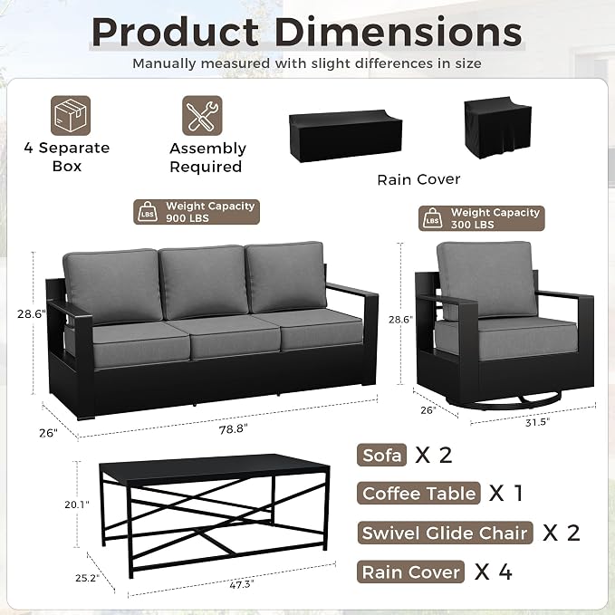 Outdoor Patio Furniture Set, 5-Piece Aluminum Patio Conversation Set All-Weather Metal Outdoor Sectional with 6 Inch Thick Cushions, Deep Setting for Garden, Outside and Porch, Grey