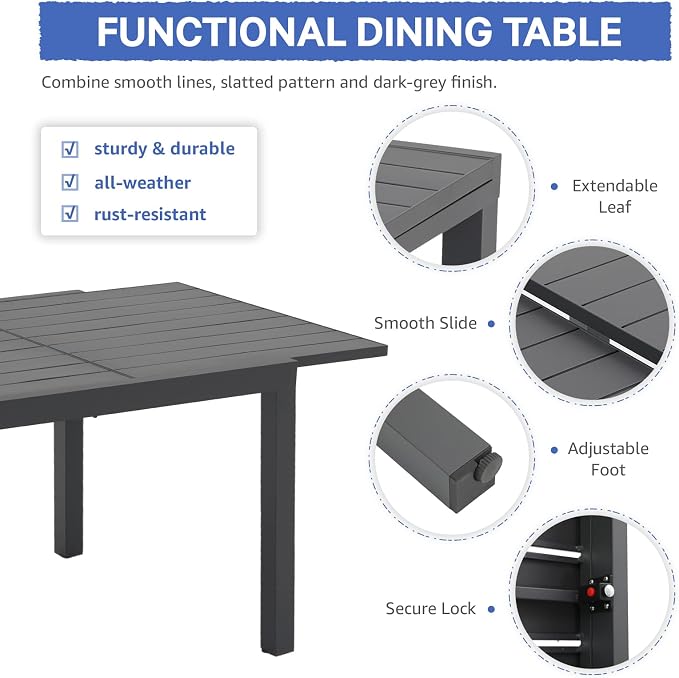 Soleil Jardin 9-Piece Outdoor Patio Dining Set, 59" - 83" Aluminum Expandable Outdoor Dining Table Set for 8, 8 Stackable Chairs with Gray Removable Cushions, Dark-Grey