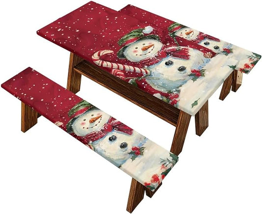 Snowman Picnic Table Cover with Bench Covers, Beach Waterproof Christmas Outdoor Table Cover, Picnic Table Covers with Elastic Suitable for Xmas Decoration
