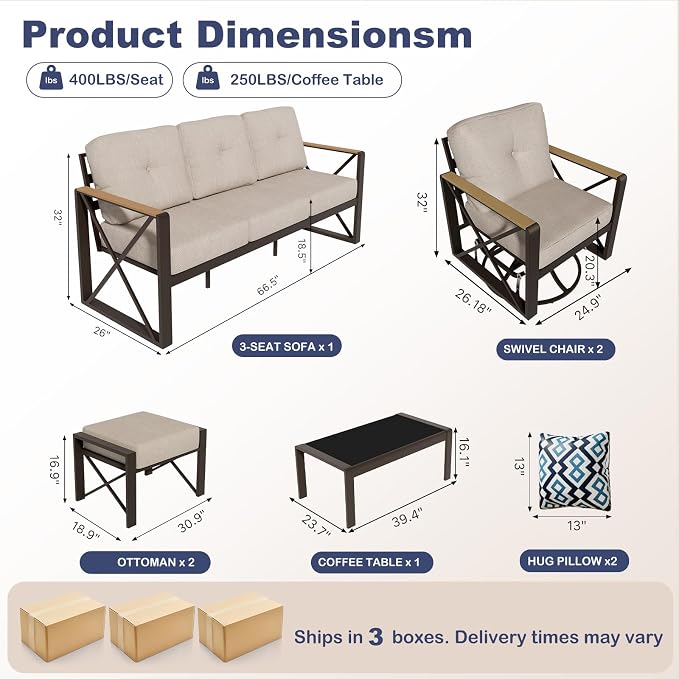 6 Piece Aluminum Patio Conversation Set, Outdoor Metal Furniture Set w/Rocking Swivel Chairs, Balcony Sectional Furniture Set with Coffee Table, Thick Cushions for Backyard, Poolside, Beige