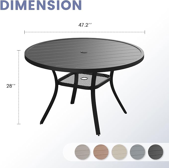 VICLLAX 47.2" Round Patio Table, Outdoor Dining Table for 6 with Umbrella Hole for Garden Lawn Deck Backyard, Black