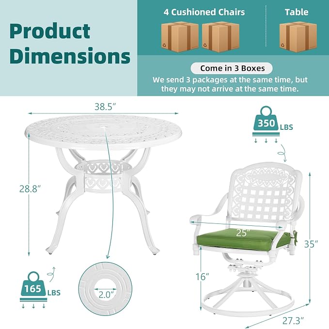 MEETWARM 5-Piece Outdoor Patio Dining Set, All-Weather Cast Aluminum Patio Conversation Set with 4 Cushions Swivel Rocker Chairs for Backyard Garden Deck and 38.5" Round Table, White