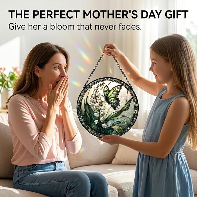 Butterfly Gifts for Mom - Lily of the Valley Faux Stained Glass Window Hanging Sun Catcher for Door Garden Acrylic Decor Mother's Day Christmas May Gift for Women Nana Grandma Sisters Wife 6.3"