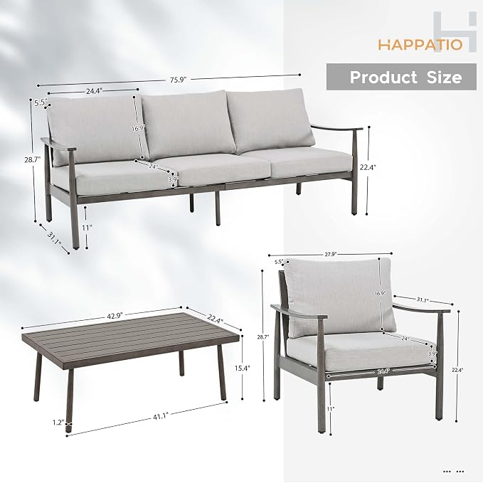 HAPPATIO Patio Outdoor Furniture Set - 4 Piece Aluminum Patio Conversation Set with 1 Coffee Table, 2 Armchairs and 1 Three-Seater Sofa, Aluminum Outdoor Furniture Set for Backyard Poolside (Grey)