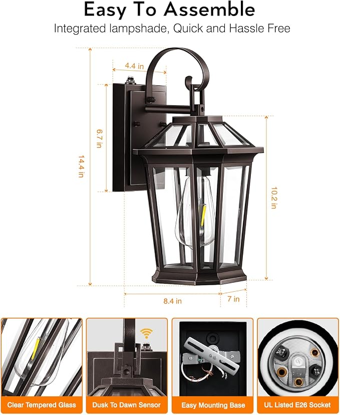 VIANIS Outdoor Wall Lights Dusk to Dawn, Oil Rubbed Bronze Exterior Lighting Fixtures for House, Waterproof ORB Porch Lights Wall Mount, Aluminum Outside Wall Sconce for Front Door, Garage
