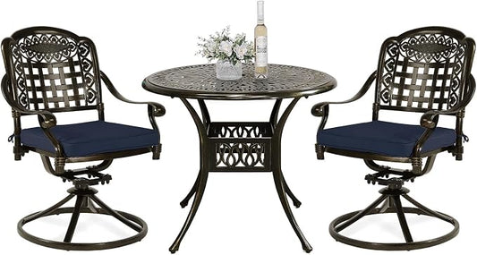 VIVIJASON 3-Piece Patio Bistro Set, Outdoor All-Weather Cast Aluminum Furniture Dining Set, Include 2 Swivel Chairs and 34.5" Round Table w/Umbrella Hole for Balcony, Lawn, Garden (Navy Blue Cushion)