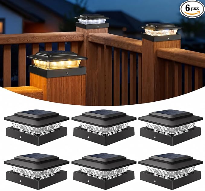 kolpop 4x4 Solar Post Cap Lights Outdoor 6Pack- 3 Color Temperatures& 2 Level Brightness, IP65 Waterproof, 16 LED Black Fence Deck Post Light Solar Powered for 4×4/3.5×3.5 Wood/Vinyl Posts