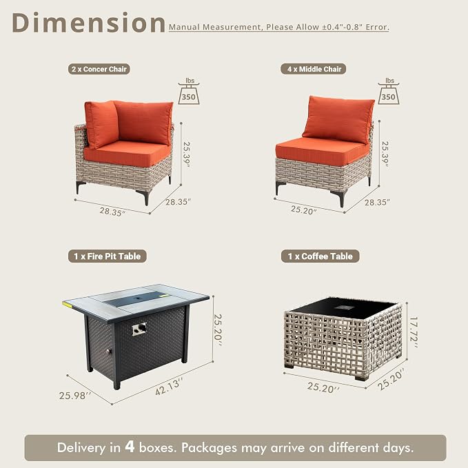 8 Pieces Patio Sectional Furniture Set, Outdoor Wicker Sectional Couch with Firepit Solar Lights Table, Modern Conversation Set for Porch Balcony Backyard, Orange